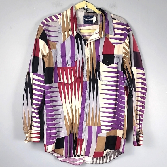 Wrangler Vintage 90's Purple Black Casual Button Down Shirt Geometric Design - Picture 1 of 5